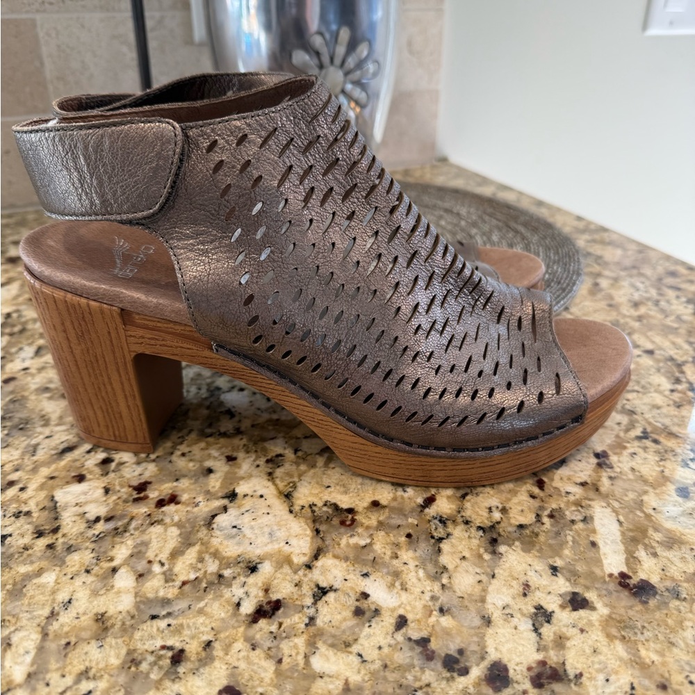 Dansko Metallic Bronze Leather Peep-Toe Block Heel Sandal